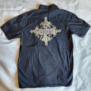 No Fear Embroidered Gothic Grunge Skulls Y2K Black Lrg Short Sleeve Button Shirt